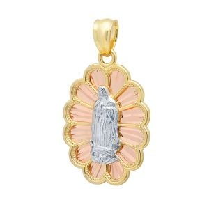 14k gold tri-color oval petal our lady of guadalupe medal front view