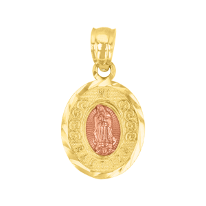 14k gold two gold 14mm lady of guadalupe diamond cut oval medal front view