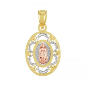 14k gold tri-color oval filigree our lady of guadalupe medal front view