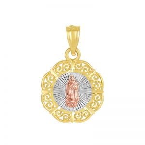 14k gold tri-color round our lady of guadalupe medal front view
