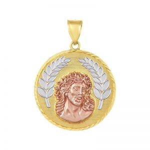 14k gold tri-color reversible christ and lady of guadalupe medal front view