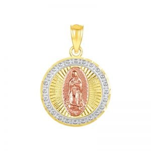 14k gold tri-color round milgrain guadalupe medal front view