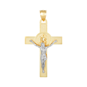 14k two tone gold san benito crucifix 55mm front view