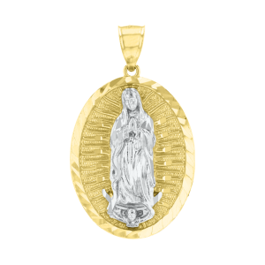 14k gold two tone diamond cut round lady of guadalupe medal 31mm