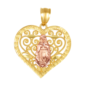 14k Gold Two Tone Lady of Guadalupe Heart Charm Pendant 