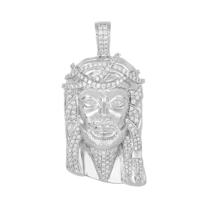 14K White Gold Jesus Head Diamond Pendant
