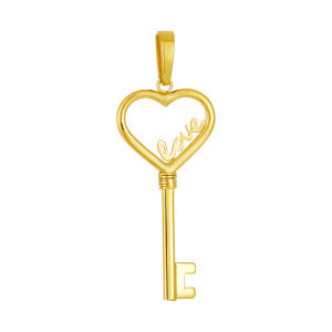 14K Yellow Gold Love and Heart Key Pendant