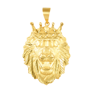 14k yellow gold diamond cut lion and crown pendant front view large