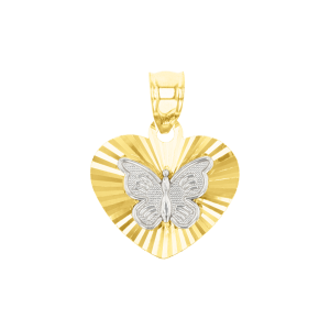 14k Two Tone Gold Butterly Diamond Cut Heart Pendant 