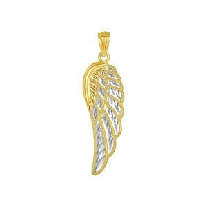14k two tone gold angel wing pendant front view