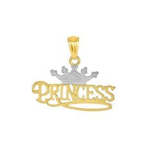 14k two tone gold princess crown pendant front view