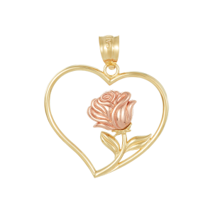 14k gold two tone rose inside heart pendant front view