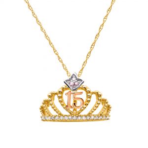 10k Gold Tri-Color Quinceañera Crown Pendant Necklace
