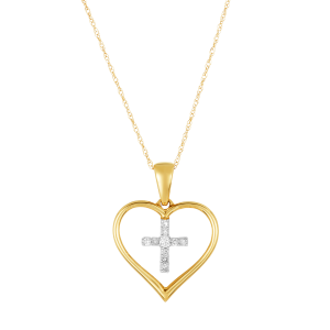 10k two tone heart and cross diamond necklace pendant close up