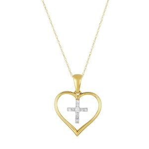 10k two tone heart and cross diamond necklace pendant close up