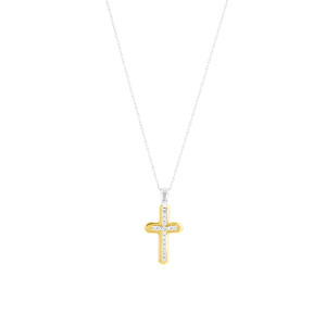 14K Two Tone Gold Overlap Cross Diamond Pendant Necklace