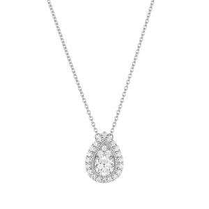 14k white gold pear shaped halo diamond necklace close up