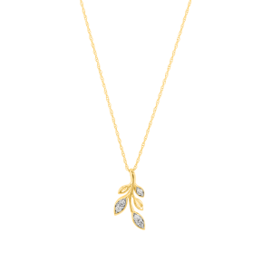 14K Two Tone Gold Fern Leaf Diamond Pendant Necklace