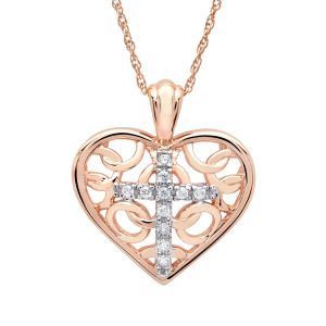 14k Rose Gold Heart with Diamond Cross Necklace
