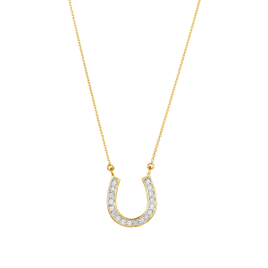 14k two tone gold horseshoe diamond necklace hanging view