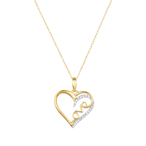 14k yellow gold love heart diamond necklace hanging view