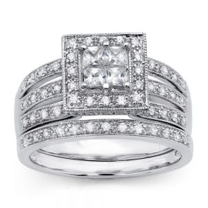 3/4 Ct. T.W. Princess Head with Wide Band 14k White Gold Wedding Set