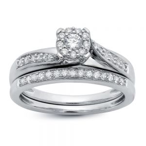14k White Gold Round Cluster Bypass Engagement Ring and Band