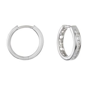 14k white gold 15mm diamond huggies front and side view