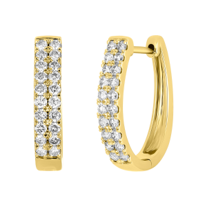 14k yellow gold oval pave diamond hoop earrings side view