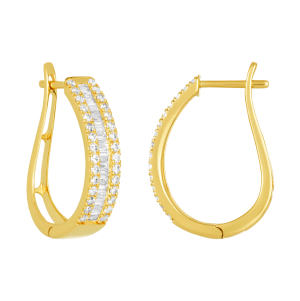 14K Yellow Gold Baguette and Round Cut Diamond Hoops