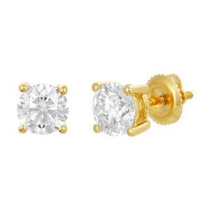 14k yellow gold round lab grown diamond stud earrings front and side view