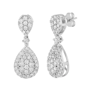 14k white gold fancy pear drop diamond earrings front and side view