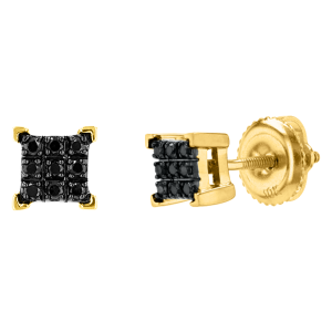 14K Yellow Gold Square Shape Cluster Black Diamond Studs