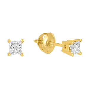 14k yellow gold 1/2 carat princess studs front and side view