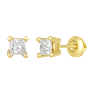 14k yellow gold princess cut diamond earrings front and side view