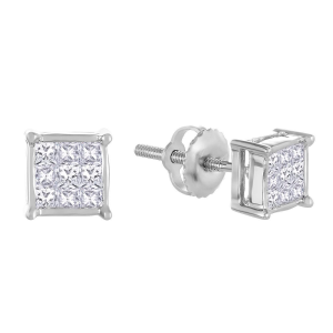 14k white gold square shape diamond stud earrings front and side view