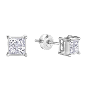 14k white gold quad head diamond stud earrings front and side view