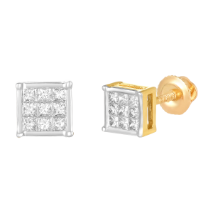 14k yellow gold square shaped diamond stud earrings front and side view