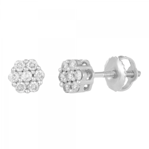 14k white gold flower design diamond earrings front and side view