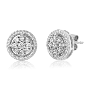 14k white gold round cluster cable earrings side view
