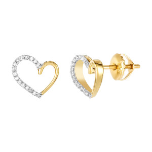 14k yellow gold diamond heart stud earrings front and side view
