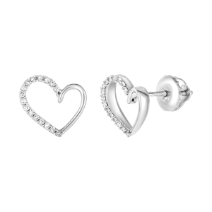 14k white gold diamond heart stud earrings front and side view