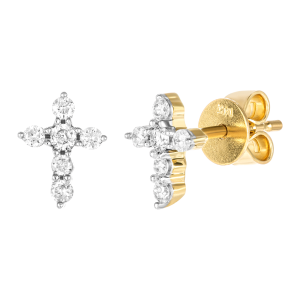 14k yellow gold diamond cross earrings front and side view