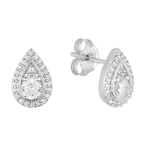 14k white gold pear shaped halo diamond studs front and side view