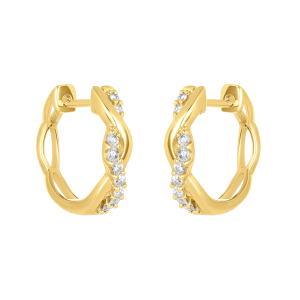 14k yellow gold diamond huggie twist earrings front and side view