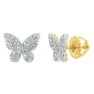 14k yellow gold diamond butterfly earrings front and side view