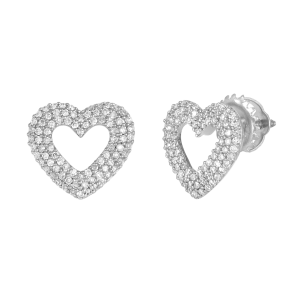 14k white gold pave heart cut-out diamond earrings front and side view