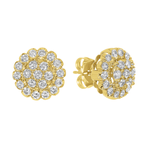 14k yellow gold round cluster stud earrings front and side view