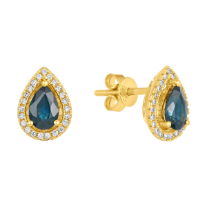 14K Yellow Gold Pear Blue Sapphire Diamond Halo Stud Earrings
