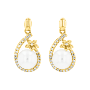 14k Yellow Gold Pearl Flower Frame Diamond Earrings 